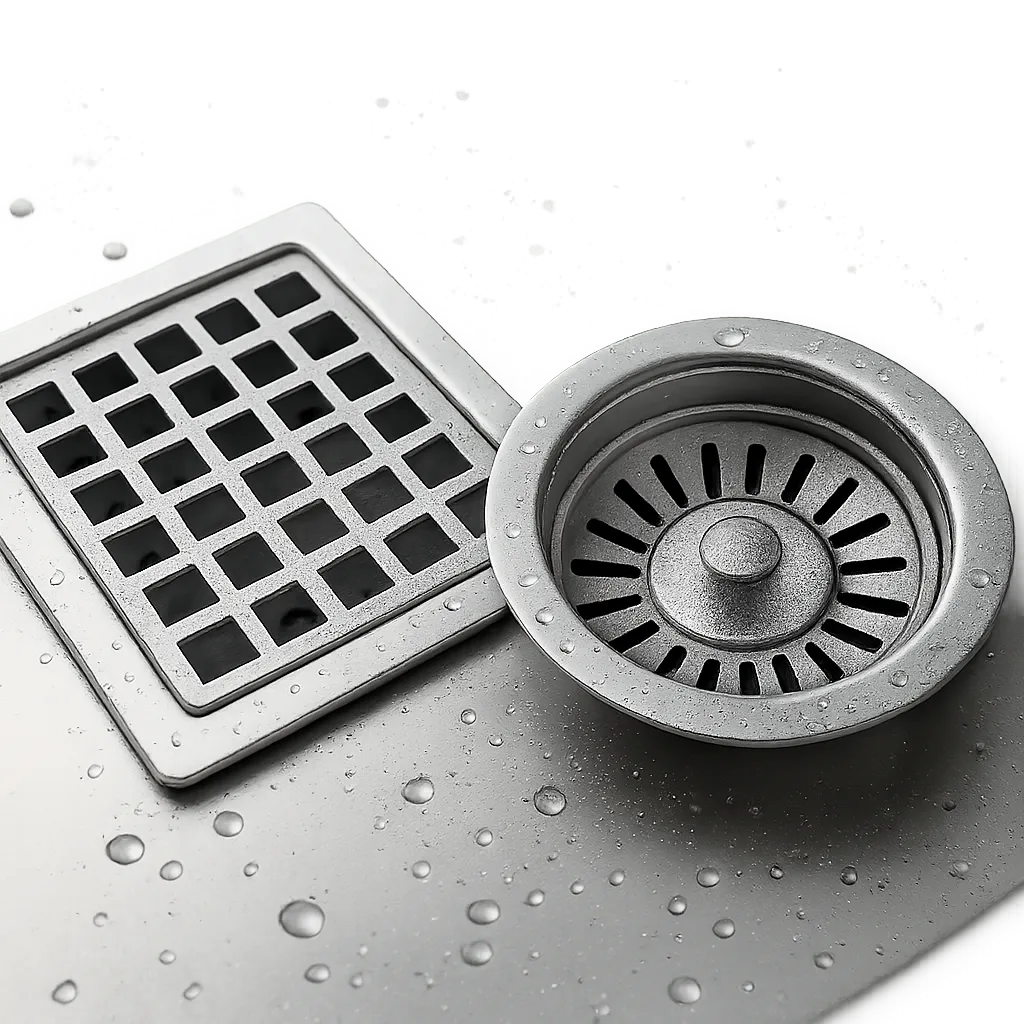 Illustration d’une grille en inox propre et durable, mise en scène dans un environnement de salle de bain et de cuisine. L’image évoque l’entretien quotidien, la résistance à la corrosion et la prévention des bouchons.