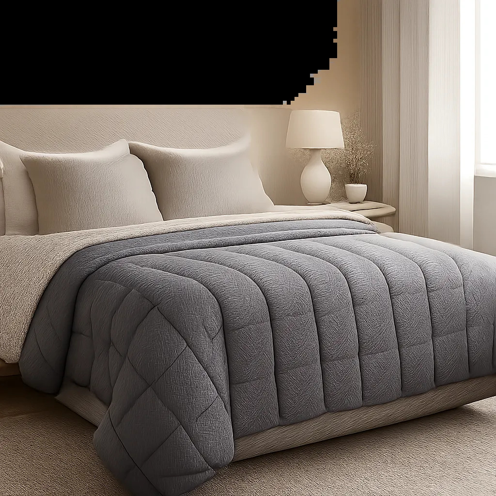 Une scène de chambre premium mettant en valeur une couverture lestée dans un univers apaisant et moderne. L’image évoque le confort, la détente et le rituel du coucher.