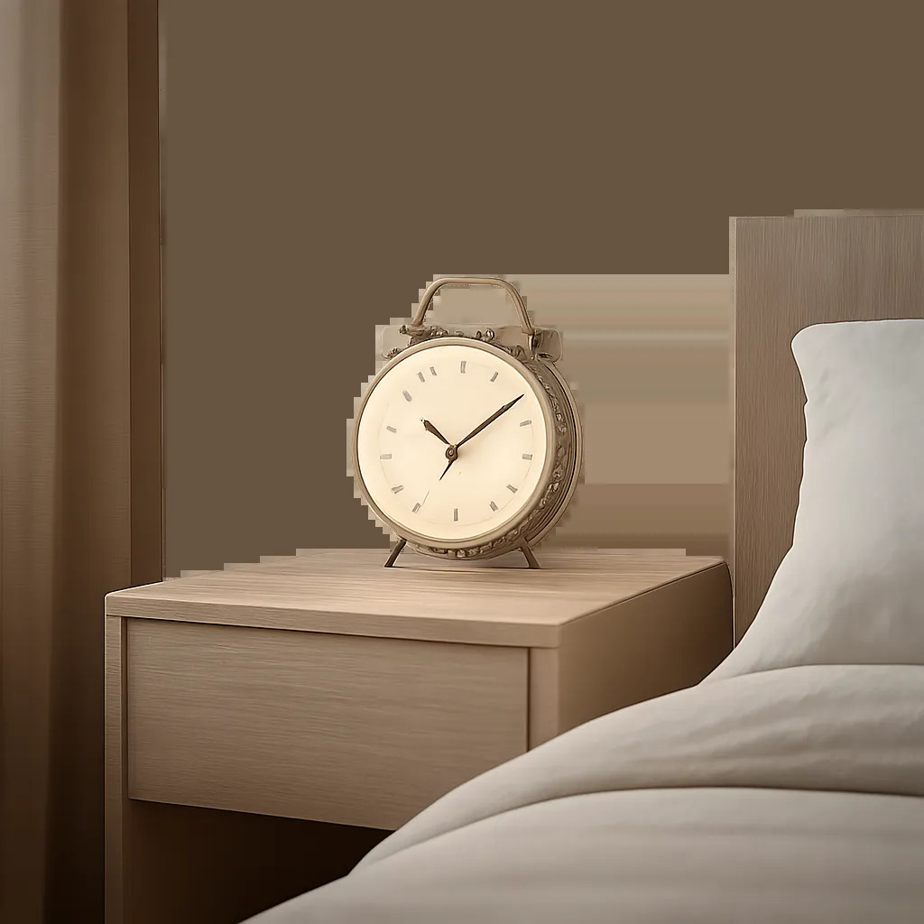 Un réveil sobre et élégant posé sur une table de chevet dans une chambre minimaliste. L’ambiance est douce, organisée et pensée pour un lever plus confortable.