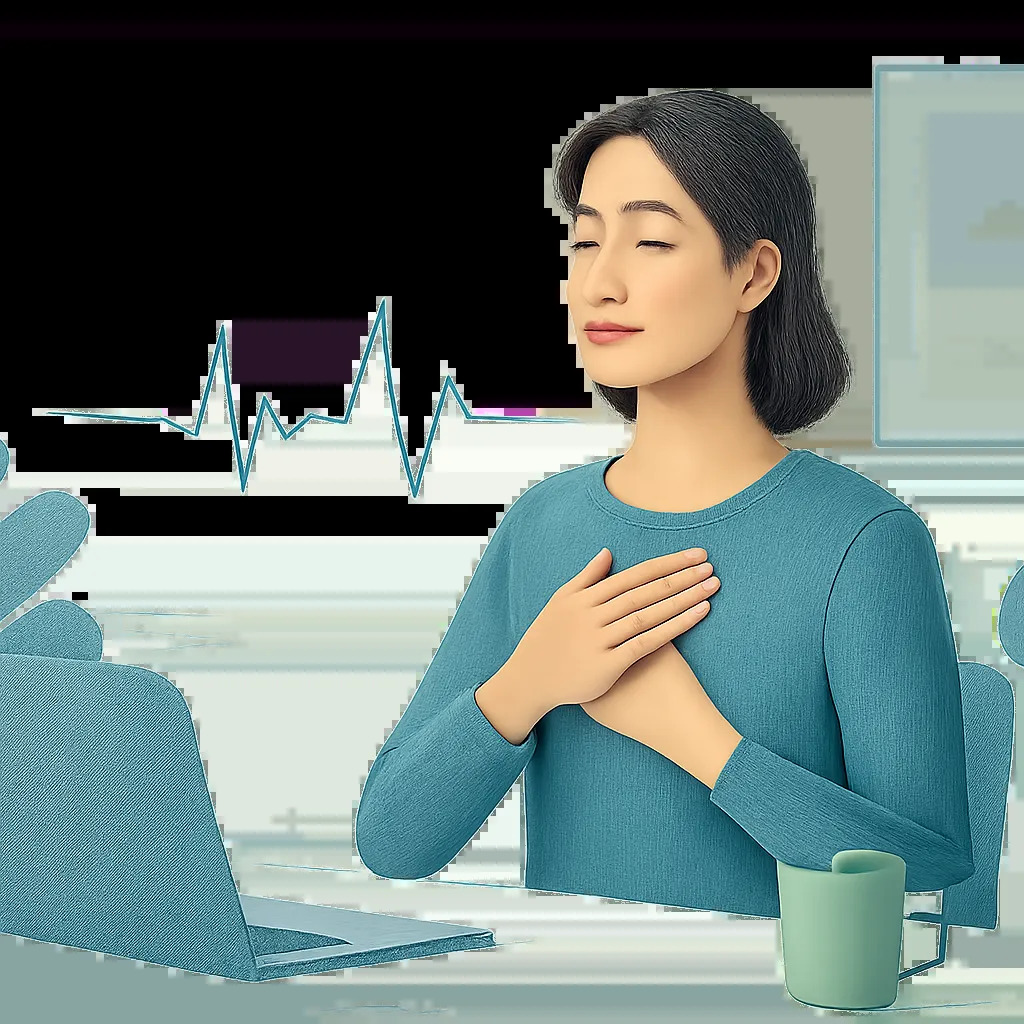 Illustration d’une personne en pleine respiration guidée dans un environnement apaisant. L’image évoque la gestion du stress, la récupération active et le retour au calme.